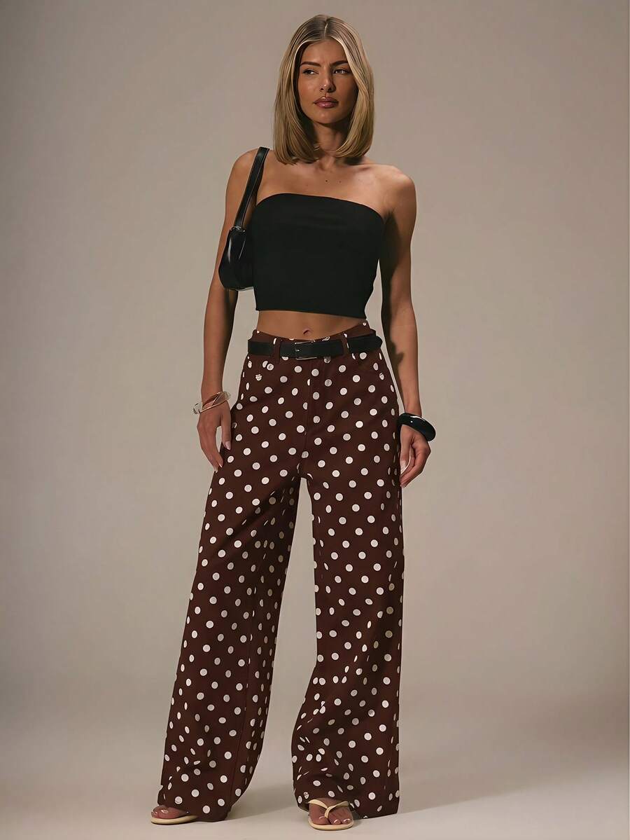 MUSERA Cute Polka Dot Spring Summer Dainty Denim Straight Leg Mid Rise Jeans Ibiza Holiday Casual Back To School Office Work Party - Brown - View 1