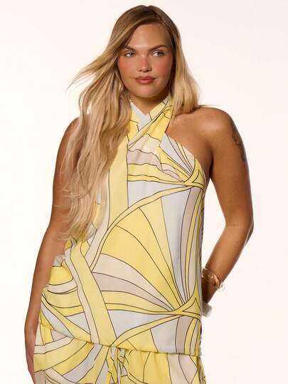 MUSERA Plus Size Mesh Printed High Neck Halterneck Twist Front Sleeveless Top Spring Summer Vacation Holiday Beach Pool Sexy Evening ElegantY2k Cute Limonada