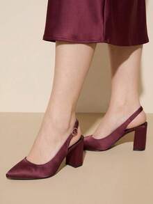 CUCCOO CURVES 女鞋 女士尖头黑色缎面搭扣设计日常百搭时尚宽楦高跟鞋 - 酒紅色丁 - 查看 4