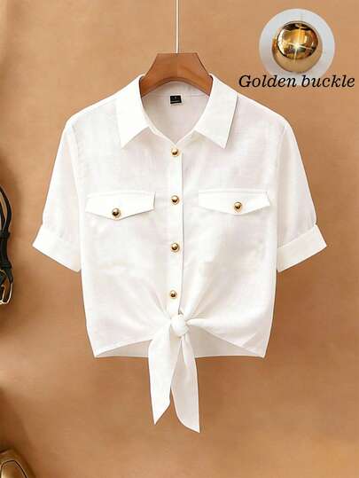 Franclia Áo sơ mi nữ mùa hè 2026 màu trắng trơn, cổ bẻ, có túi giả, tay ngắn, kiểu dáng thường ngày, thời trang, thành thị, cổ điển, thích hợp cho kỳ nghỉ, công sở, đi làm, dạo chơi, thanh lịch, đa năng hàng ngày, đi nghỉ mát, dự tiệc, đi biển. Áo sơ mi nữ mùa hè, áo kiểu nữ, áo polo nữ, áo sơ mi nữ thường ngày.