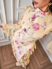 Modelyn 女士超长浪漫印花荷叶边下摆系腰连衣裙 - 黃色 - 查看 5