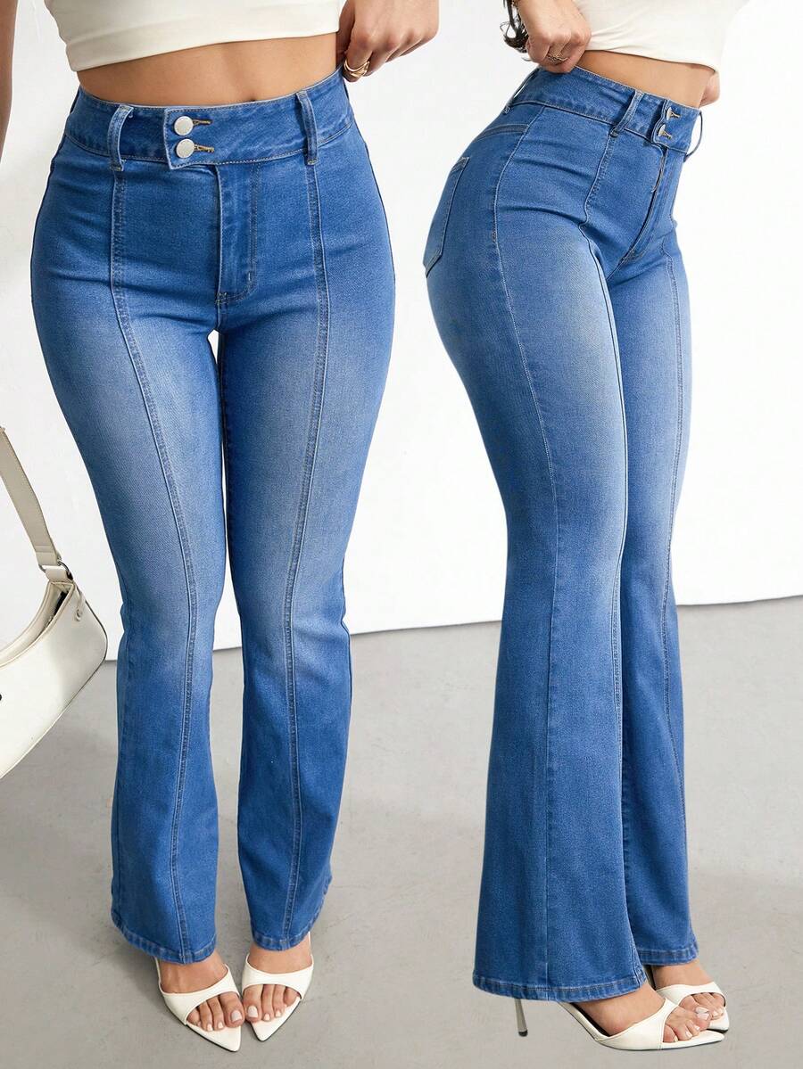 SHEIN Tall 女士高腰休闲百搭喇叭牛仔裤 - 中等水洗藍 - 查看 1