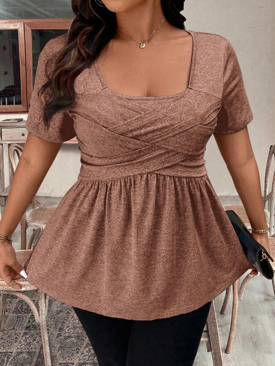 SHEIN CURVE+ Plus Size Stylish Elegant Short Sleeve T-Shirt, Flattering And Versatile For Commuting Going Out And Fashion Hot Pink Summer - Coffee Brown - View 1