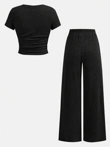 Conjunto informal de camiseta de punto gris ajustada y pantalones sueltos con bolsillo de cintura elástica para adolescentes, adecuado para primavera/verano. Incluye top de manga corta de cuello redondo bordado ajustado de punto y pantalones de chándal a juego bordados - Negro - Ver 2