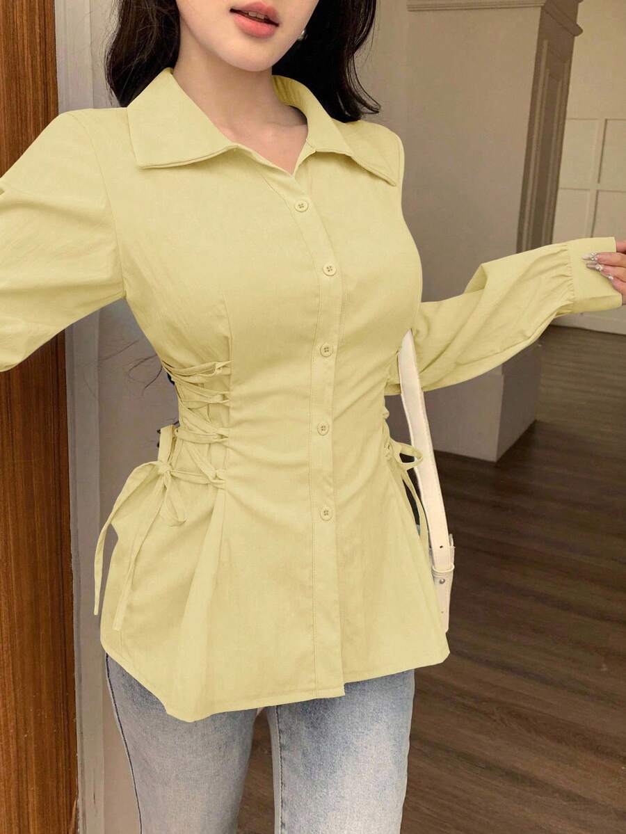 Modelyn 女士休闲抽绳系带纯色衬衫,简约百搭,适合日常通勤,春秋季 - 黃色 - 查看 1