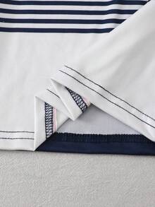SHEIN 男嬰休閒可愛熊刺繡徽章不對稱條紋短袖 Polo 衫與短褲套裝，適合夏季 - 彩色 - 查看 3
