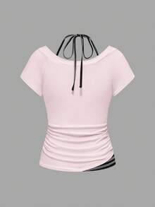 ROMWE Grunge Punk Spring / Summer Women's Sexy Y2K 2 In 1 V-Neck Striped Contrast Color Halter Tie Bow T-Shirt, White - Pink - View 2