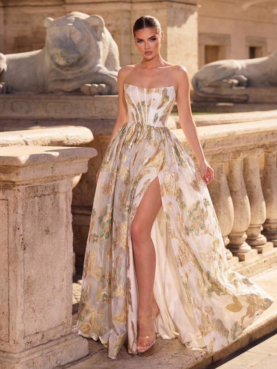 Glamrae Elegante y lujoso vestido maxi de satén jacquard con hombros descubiertos, sin tirantes, con ballenas y abertura alta, adecuado para festivales, bodas, galas, conciertos, eventos de negocios y ocasiones de influencers
