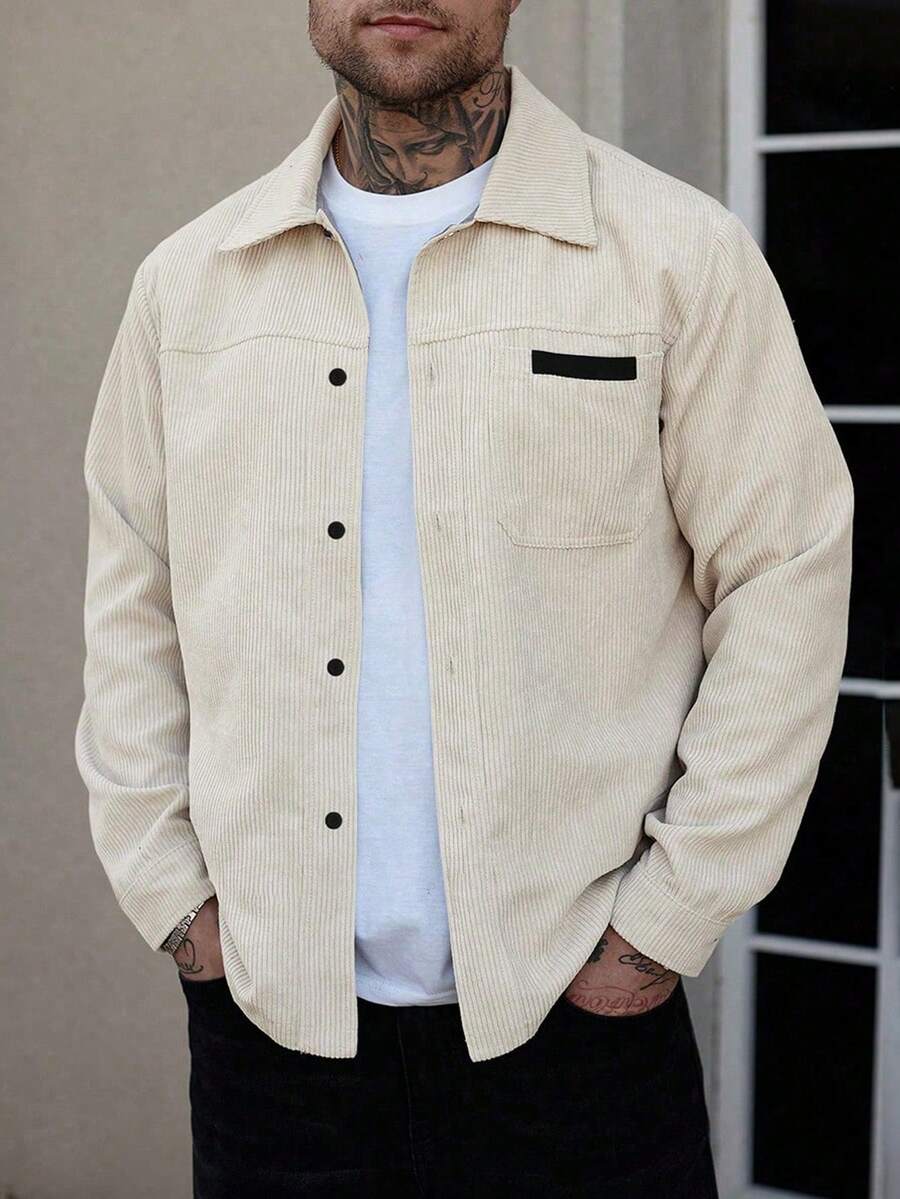 Manfinity Homme 男士衬衫外套,男士前开襟长袖口袋简约衬衫外套,休闲日常穿着,男士外套,男士衬衫外套,秋冬男士外套,男友礼物,外出保暖长袖休闲灯芯绒法兰绒外套 - 杏色 - 查看 1
