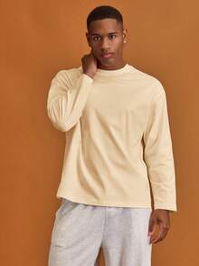 Musero Camiseta básica de manga larga y cuello redondo oversize para hombre, ideal para crear un armario cápsula y para capas en primavera y verano - Amarillo claro - Ver 4