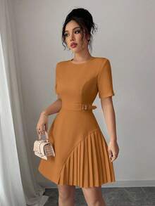 Elenzga Latest Spring & Summer Apricot Round Neck Short Sleeve Ruched Hem Elegant Dress For Women - Rust Brown - View 3