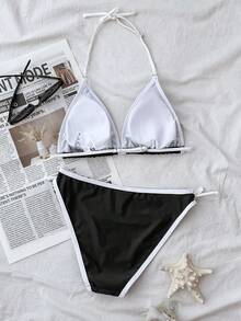 SHEIN 少女纯色简约海军蓝白撞色吊带比基尼套装，休闲沙滩度假装，夏季时尚新品 - 黑與白 - 查看 2