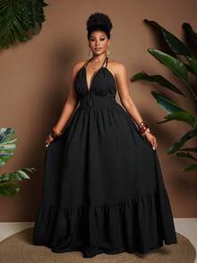 Maweii Sexy Black V-Neck Spaghetti Strap Cinched Waist Plus Size Dress - Black - View 4