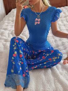 CottageSlumber V-Neck Back Short Sleeve + Ditsy Floral Long Pants Jacquard Pajama Set - Multicolor - View 3