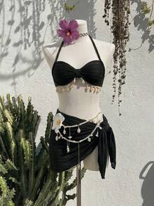 Bellisia 女士时尚米色波浪纹贝壳星形装饰吊带比基尼泳衣套装，春夏秋季 - 黑色 - 查看 1