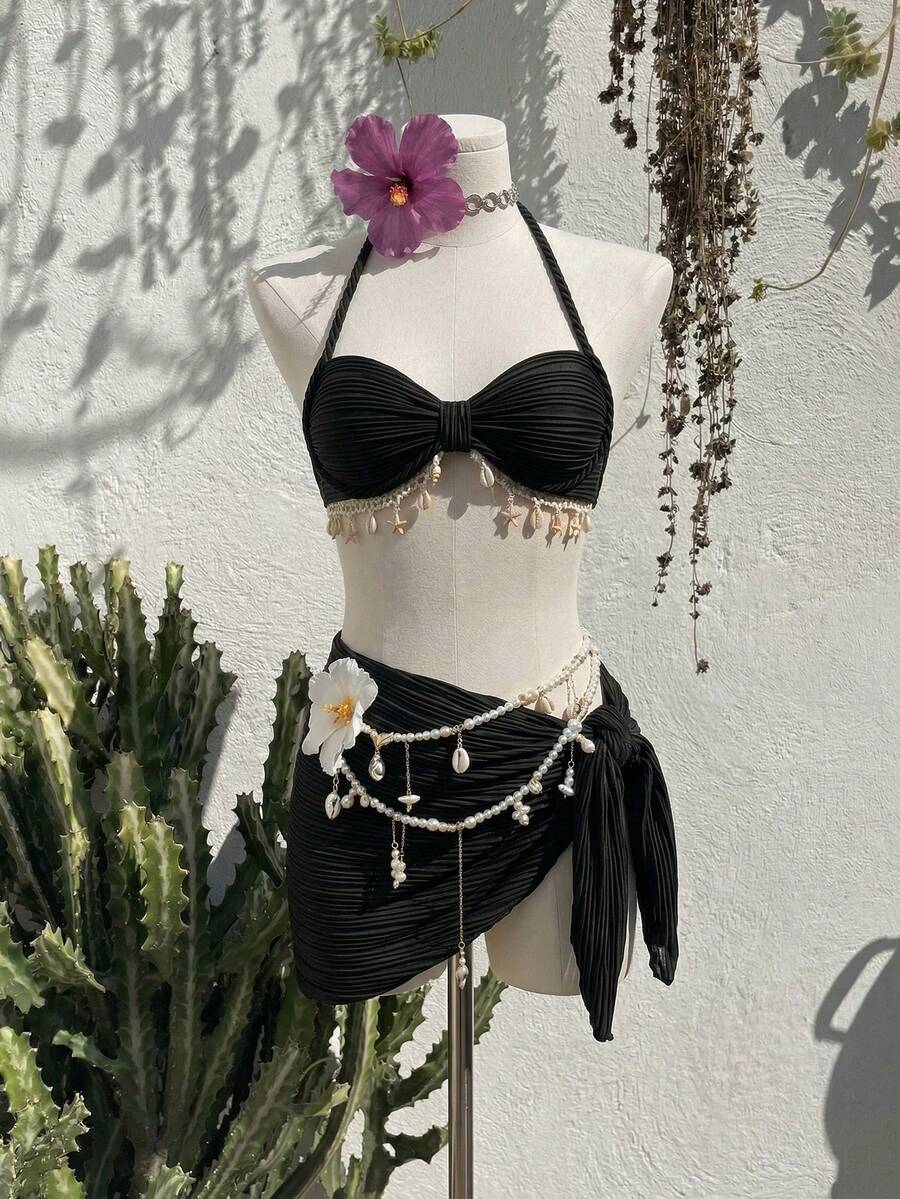 Bellisia 女士时尚米色波浪纹贝壳星形装饰吊带比基尼泳衣套装，春夏秋季 - 黑色 - 查看 1