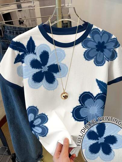 Resyla 女士全印花休闲T恤，可爱Y2K花卉印花，街头时尚，返校季T恤，度假花卉图案