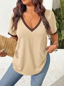 SHEIN Frenchy Áo thun nữ cỡ lớn cổ chữ V tay ngắn phối màu tương phản, kiểu dáng thường ngày, đa năng. - Màu be - Xem 5