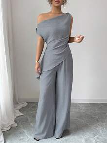 SHEIN Tall Bộ đồ nữ mùa xuân/hè mới, 2 món, kiểu dáng tối giản thanh lịch, phù hợp công sở/thường ngày, áo sơ mi xếp ly lệch vai + quần, màu xanh navy. - Màu Xám nhạt - Xem 7