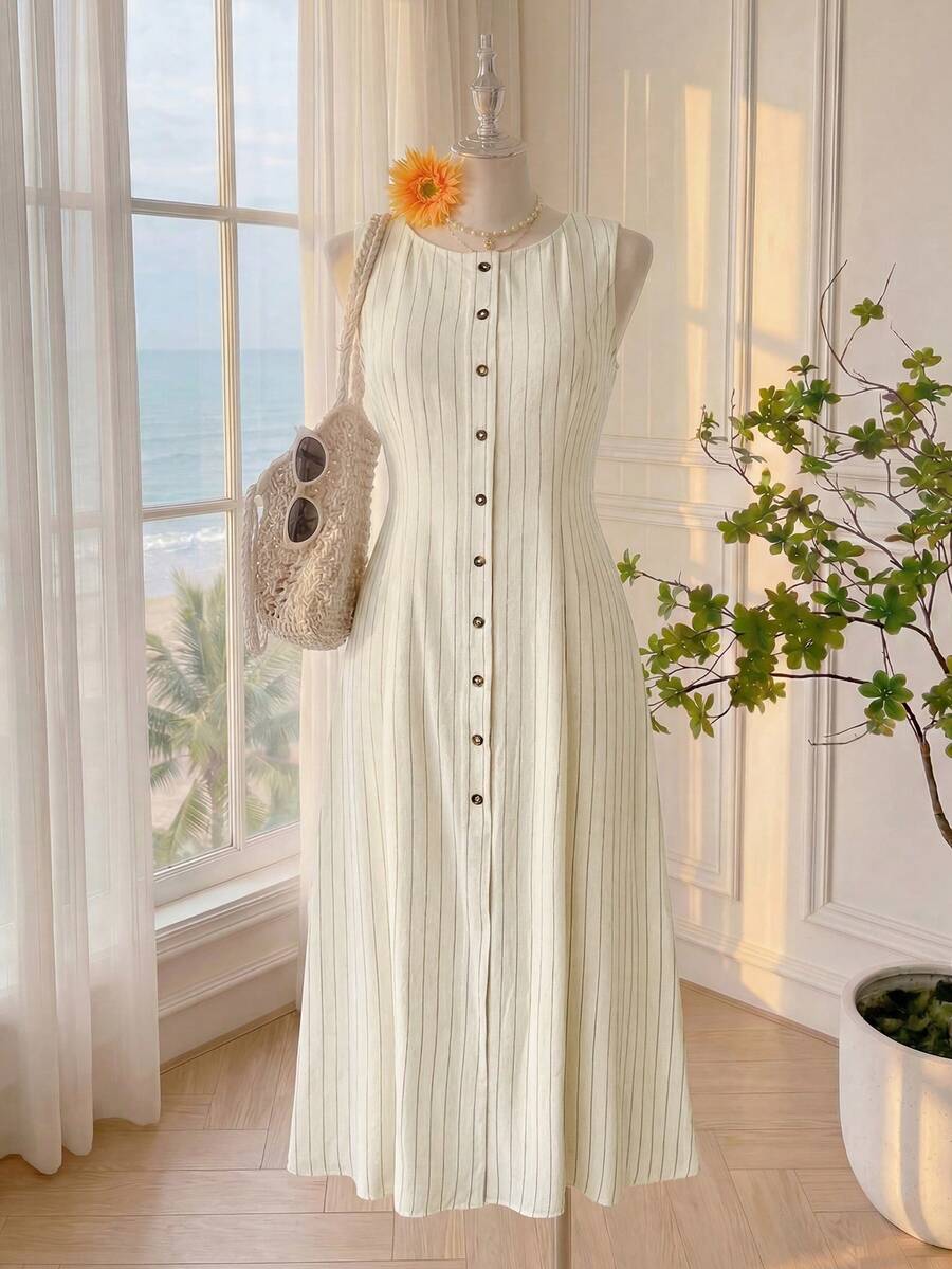SHEIN EZwear Plus Size Casual Elegant Cottage Core French Holiday Black Stripe Cardigan Sundress For Women, Summer, Classique, Tea Party Vacation, Wedding Guest - Khaki - View 1