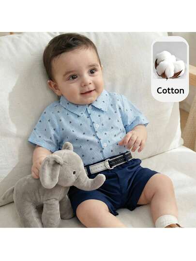 Loomiva Bộ 2 món cho bé trai: áo polo tay ngắn kẻ sọc xanh trắng và quần short cạp chun.