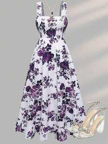 Ceyna Plus Size Women's Floral Print Ruffle Hem Spaghetti Strap A-Line Maxi Dress,White Summer Boho Elegant Sleeveless Vacation Holiday Party Tea Outfit - Violet Purple - View 3