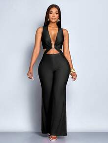 SOLERSUN Bộ jumpsuit nữ màu trơn thanh lịch, gợi cảm, kiểu dáng mới mùa xuân hè, cổ chữ V sâu, thích hợp cho kỳ nghỉ đêm, đi chơi, du lịch, tiệc tùng, đi chơi hàng ngày. - màu đen - Xem 3
