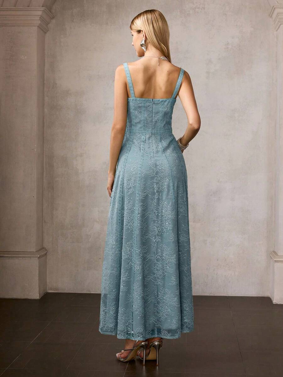 MOTF Soiréza WOMEN'S SWEETHEART NECK LACE EVENING GOWN – THIN SPAGHETTI STRAPS, FITTED BODICE & FLOOR-LENGTH A-LINE FLOWING DRESS– IDEAL FOR WEDDINGS, GALA DINNERS, CELEBRATIONS & FORMAL PARTIES - Dusty Blue - View 2