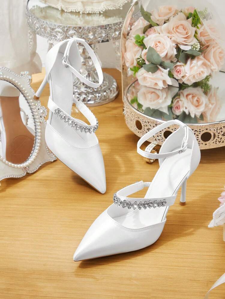 CUCCOO HITCHD Women Shoes New French Sexy Pointed ToeHollow High Heels Fashion Low Vamp Satin Rhinestone Dress Party Bridal Wedding Shoes