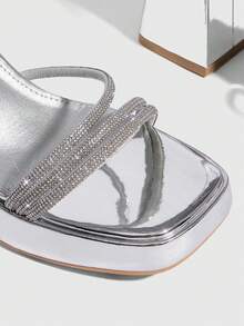 CUCCOO SZL Women's Square Toe Rhinestone Ankle Strap Sandals For Christmas Prom Heels Summer Shoes - Silver - View 5