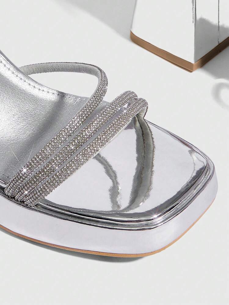 CUCCOO SZL Women's Square Toe Rhinestone Ankle Strap Sandals For Christmas Prom Heels