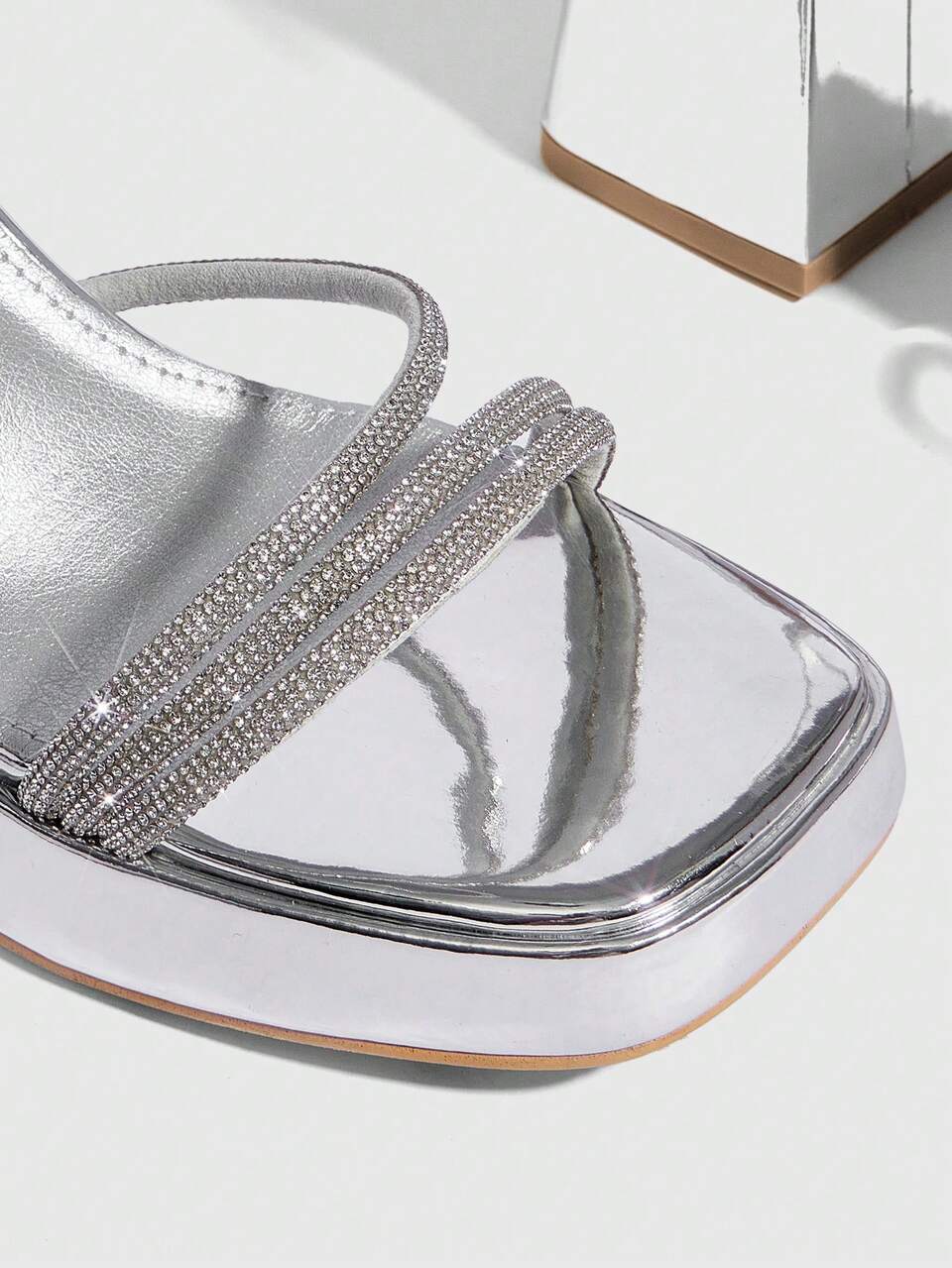 CUCCOO SZL Women's Square Toe Rhinestone Ankle Strap Sandals For Christmas Prom Heels Summer Shoes