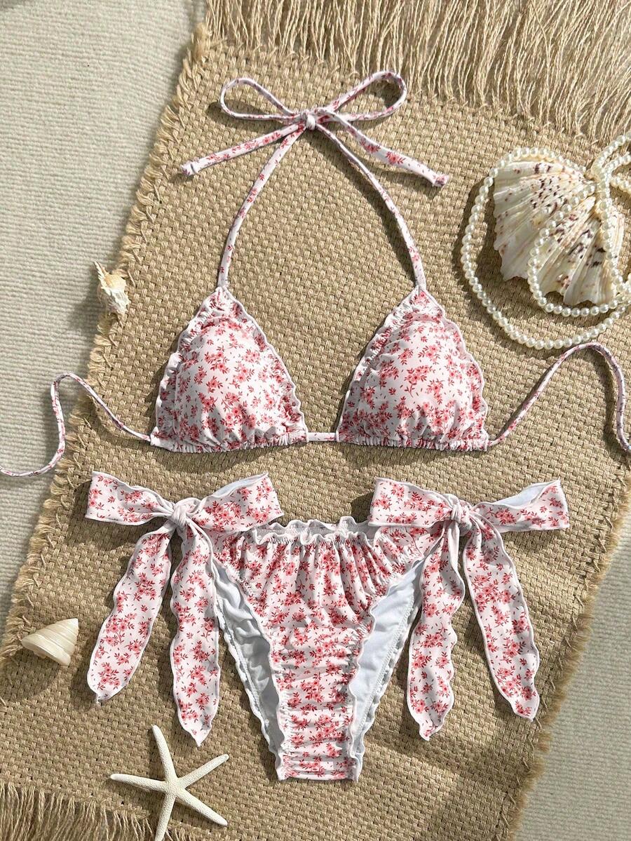 Swim Vcay Conjunto de bikini de 2 piezas con escote en V con volantes y estampado floral para mujer, para el verano - Rojo - Ver 1