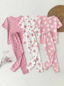 Bộ 3 món đồ ngủ cho bé gái, họa tiết chấm bi, hoa trái tim, hoa hướng dương, chất liệu dệt kim co giãn, mềm mại, thoải mái, ôm sát, cổ tròn, tay ngắn và quần dài, kiểu dáng ngọt ngào thường ngày, thích hợp để thay đồ ở nhà hoặc làm quà tặng ngủ qua đêm, mùa xuân/hè. - Hồng - Xem 2
