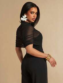 Silquee Solid Color Mandarin Collar Mesh Patchwork Fitted Elegant Short Sleeve Jumpsuit - Black - View 6