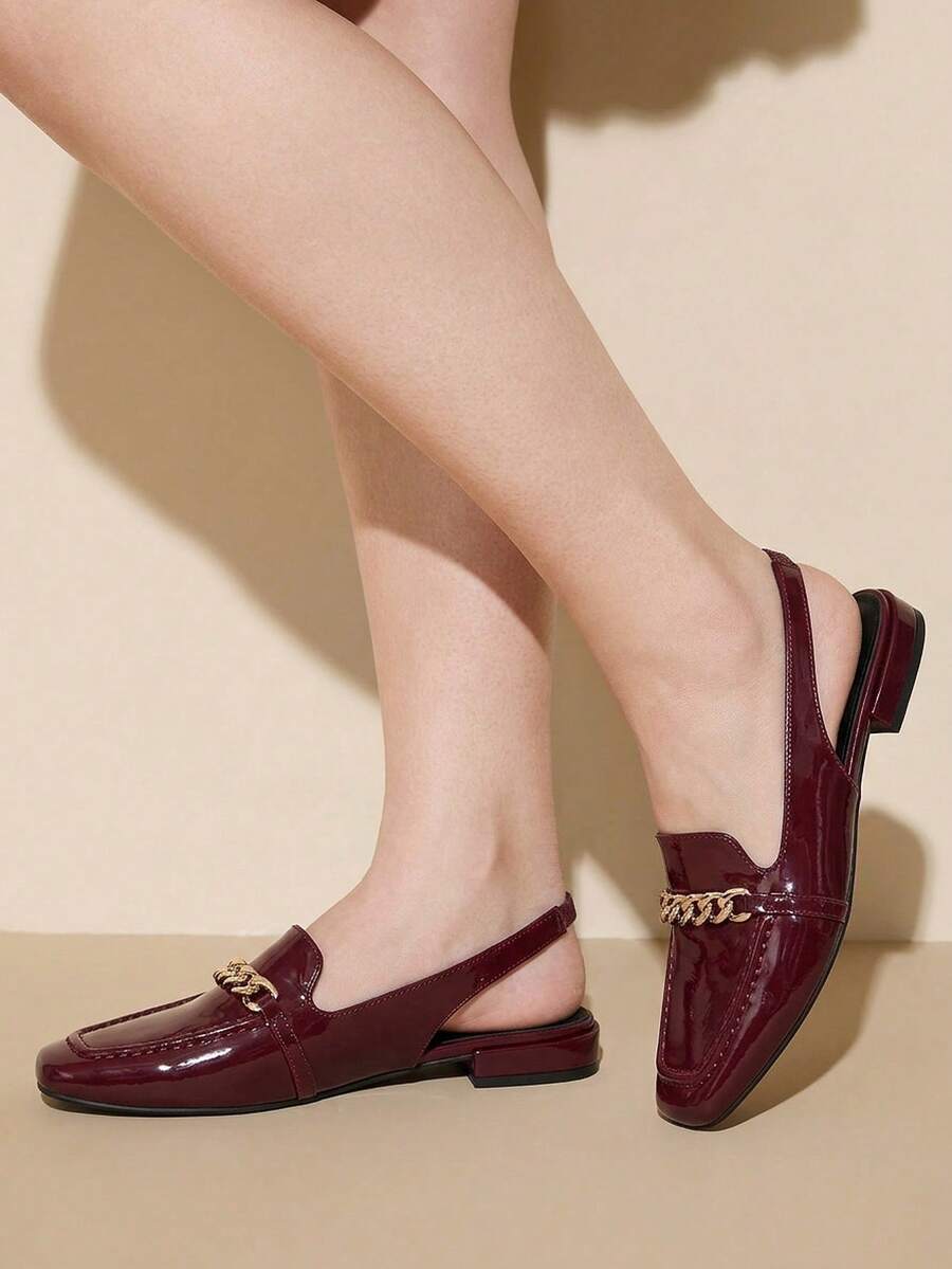 CUCCOO CURVES 时尚新款方头加宽加厚平底女鞋，方跟设计，女式宽楦鞋款 - 酒紅色 - 查看 1
