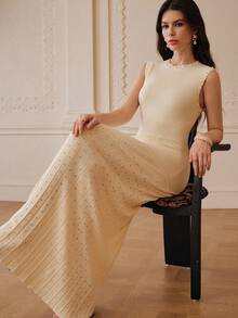 ZEYLAH Elegant Beaded Sleeveless Maxi Knit Dress, Summer - Light Yellow - View 7