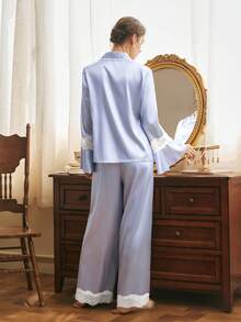 Côtesoire French Elegant Mature Contrast Color Lace Satin Robe & Pajama Set For Women - Baby Blue - View 2