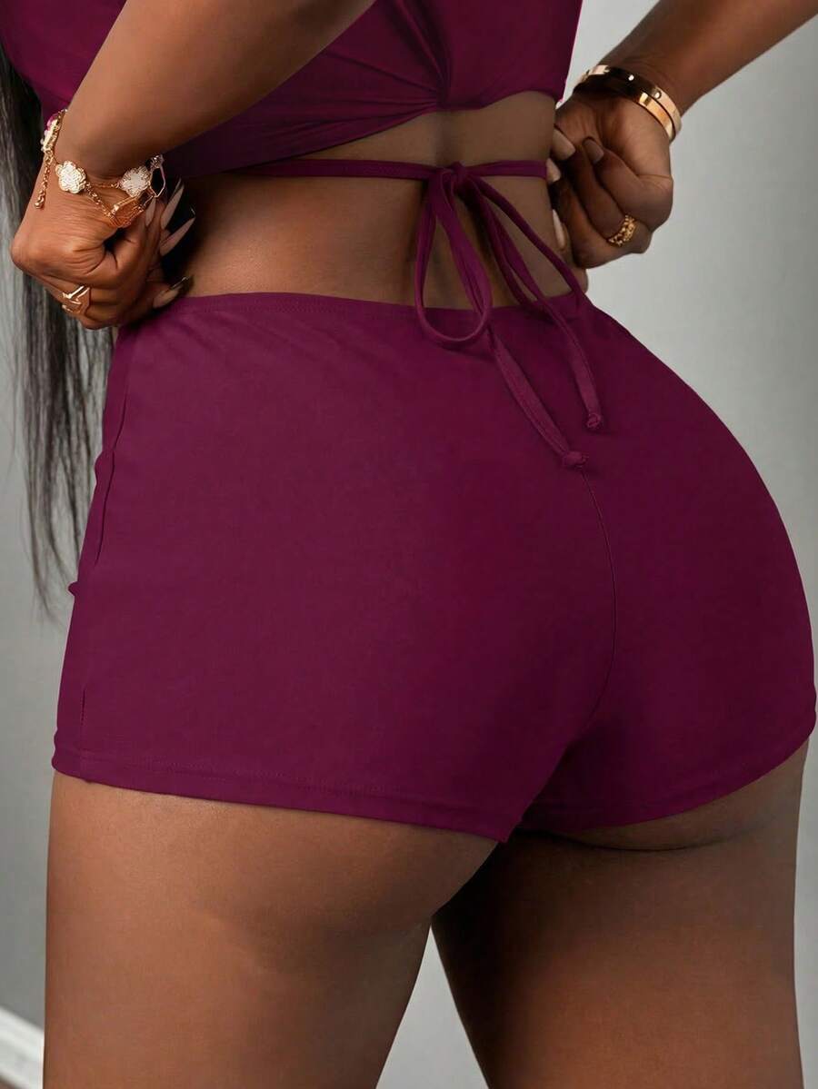 Swim Basics Women's Solid Color Casual Beach Shorts - Burgundy - View 1