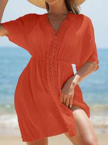 Breezaya Women's Vacation Solid Color Contrast Lace Cover-Up Dress - Orange - View 3