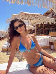 Swim Vcay 2pcs/Set New Gradient Print Halter Neck Braided Sexy Elegant Vacation Bikini Set, Suitable For Beach, Pool Party - Blue and White - View 7
