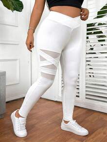 SHEIN PETITE CURVE Leggings básicos de unicolor para mujer de talla grande - Blanco - Ver 3