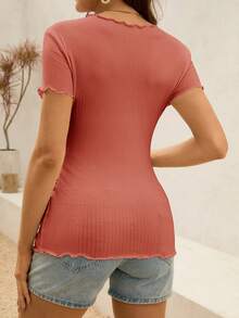 SHEIN 孕妇夏季白色罗纹荷叶边修身短袖上衣 - 橘色 - 查看 2