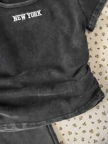 SHEIN Kids 2pcs/Set Tween Girls' Letter Embroidery Ribbed T-Shirt&Wide Leg Pants,Dark Grey Autumn Casual School Back-To-School Washed Outfits Set - Black - View 5