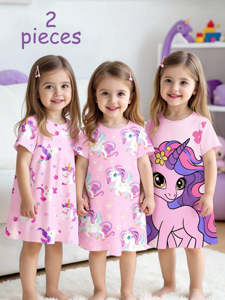 2-Pack Baby Girl Unicorn Print Ruffled Casual Skirt And Short Sleeve Pajama Set, Spring & Summer Pink Sweet Girly Style Cute And Comfortable 2026 New Holiday Atmosphere Relaxed And Comfortable Girl's Outfit Set Girls' Children's Clothing - Multicolor - View 1
