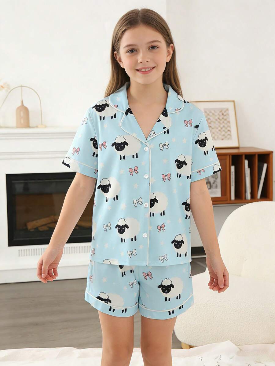 Girls' Light Blue Summer Cute Sleep Pajama Set - Multicolor - View 1