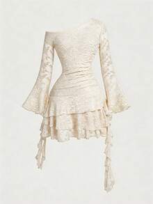 SHEIN MOD Vestido asimétrico con volantes para mujer de talla grande, ideal para Año Nuevo, Acción de Gracias y fiestas - Blanco - Ver 7