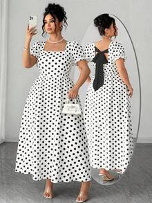 Elenzga Plus Size Women's Elegant Vintage Polka Dot Tie-Up Butterfly Collar Short Sleeve Dress, Spring/Summer - Black and White - View 1