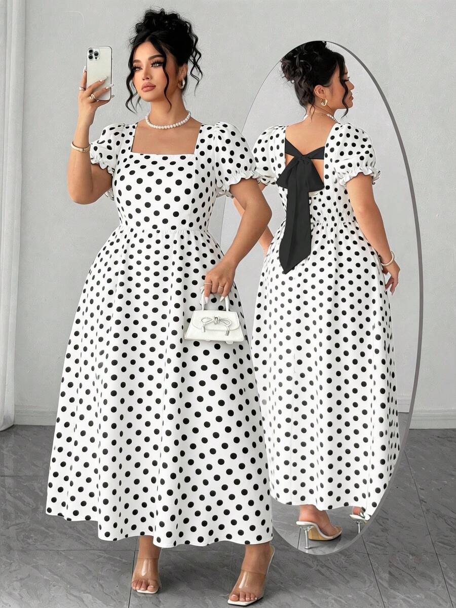 Elenzga Plus Size Women's Elegant Vintage Polka Dot Tie-Up Butterfly Collar Short Sleeve Dress, Spring/Summer - Black and White - View 1