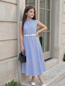 SHEIN 少女条纹翻领短袖休闲连衣裙 - 白色 - 查看 3